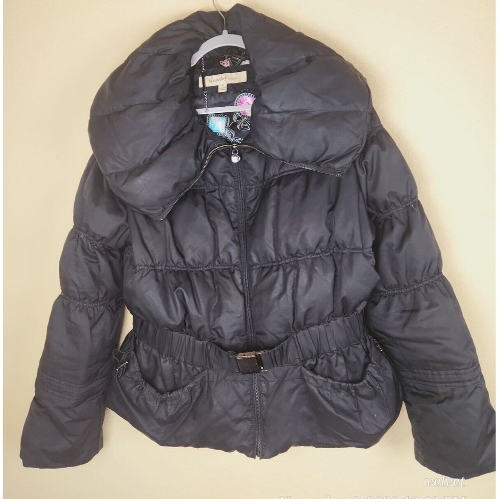 LAUNDRY BY DESIGN PUFFER BELTED COAT JACKET SZ XL DOWN FEATHERS Puffy‎ Black